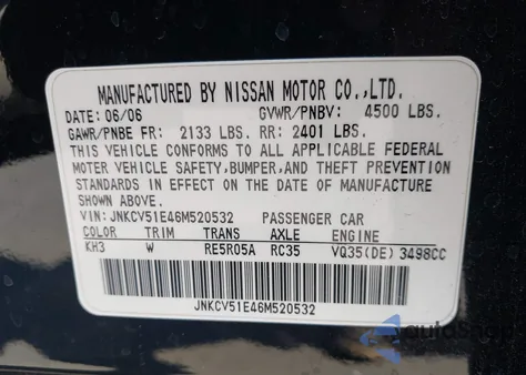 2006 Infiniti G35 из США, поврежденный, VIN JNKCV51E46M520532